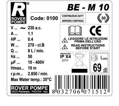 Rover Pompe BE-M10 Αντλία Μεταγγίσεως Αυτόματης Αναρρόφησης 300W