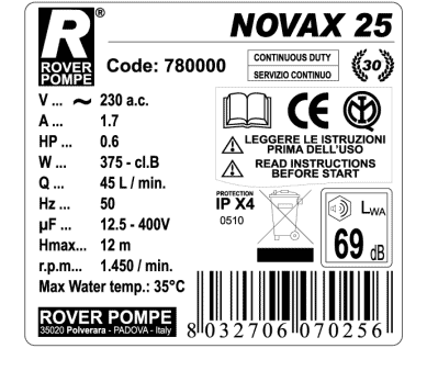Rover Pompe NOVAX25 INOX Αντλία Μεταγγίσεως Αυτόματης Αναρρόφησης 450W