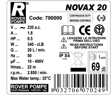 Rover Pompe NOVAX20 INOX Αντλία Μεταγγίσεως Αυτόματης Αναρρόφησης 370W
