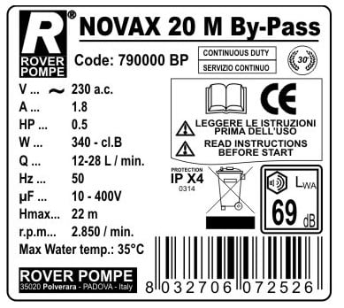 Rover Pompe NOVAX20 By-Pass INOX Αντλία Μεταγγίσεως Αυτόματης Αναρρόφησης 370W