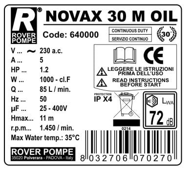 Rover Pompe NOVAX30-OIL INOX Αντλία Μεταγγίσεως Αυτόματης Αναρρόφησης 900W