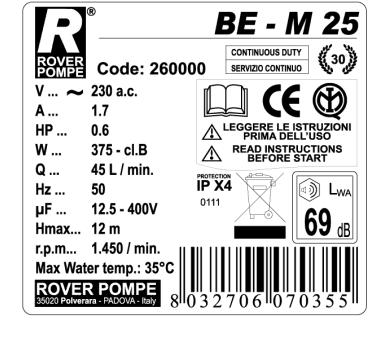 Rover Pompe BE-M25 Αντλία Μεταγγίσεως Αυτόματης Αναρρόφησης 450W