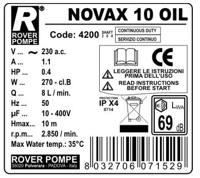 Rover Pompe NOVAX10-OIL INOX Αντλία Μεταγγίσεως Αυτόματης Αναρρόφησης 300W