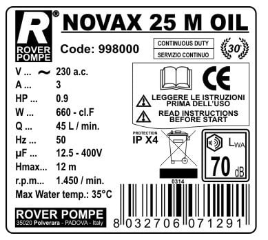 Rover Pompe NOVAX25-OIL INOX Αντλία Μεταγγίσεως Αυτόματης Αναρρόφησης 670W