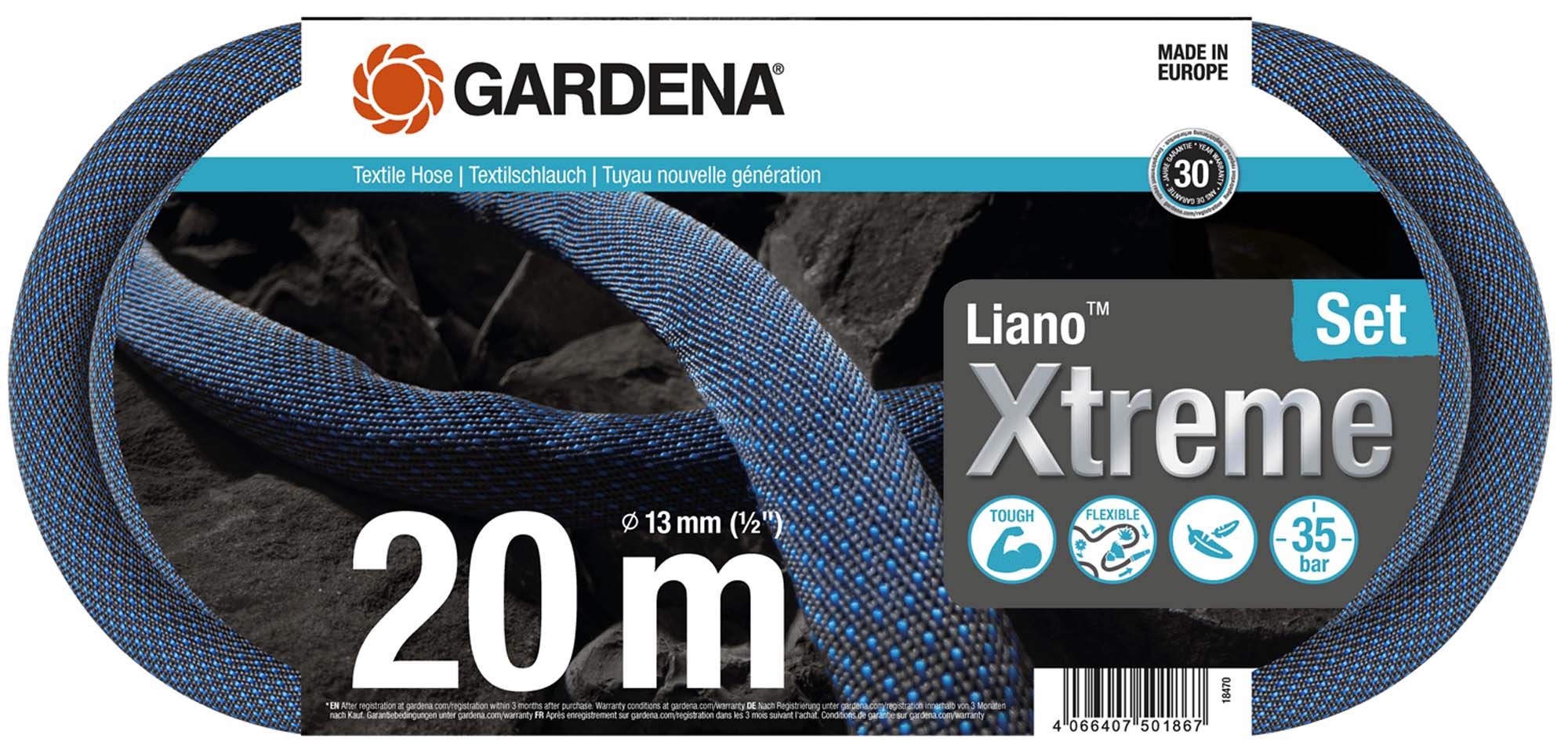 Λάστιχο Gardena 18470-20 Υφασμάτινο Liano Xtreme 1/2"- 20m Σετ με ακροφύσιο & συνδέσμους