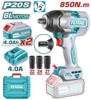 Total TIWLI2085 Brushless Μπουλονόκλειδο 20V 2x4Ah με Υποδοχή 1/2"