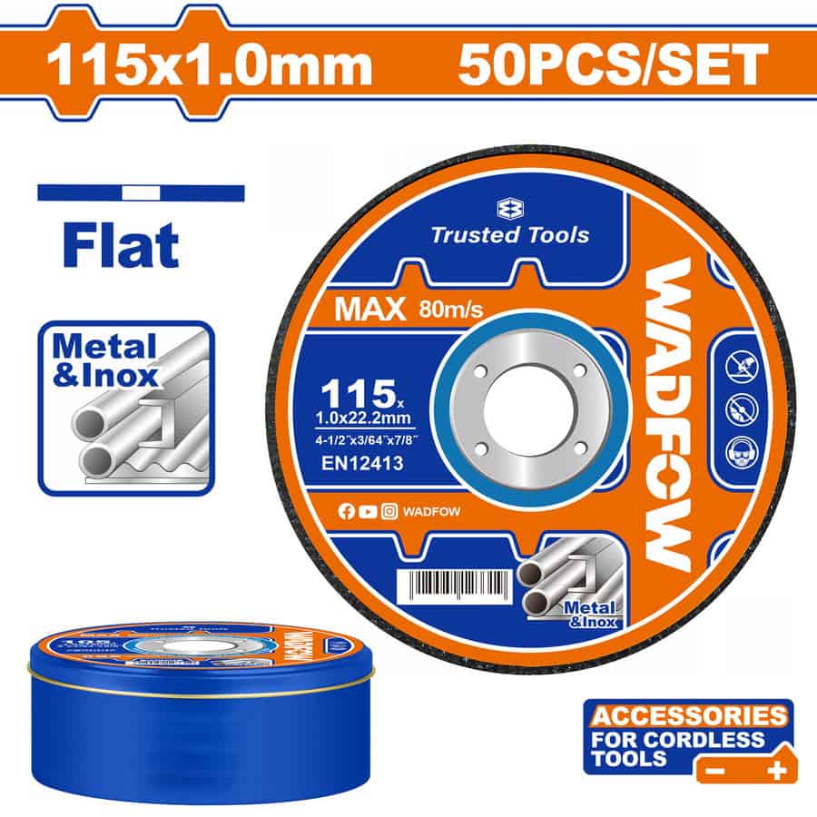 Wadfow WAC3L45 Δίσκος Κοπής Inox/Μετάλλου Ίσιος 115 Χ 1mm 50 Τεμάχια Σε Μεταλλικό Κουτάκι