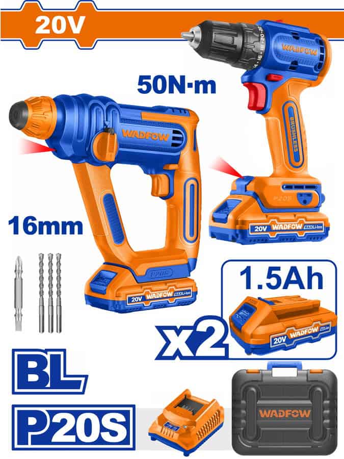 Wadfow WOS240681 Σετ Δραπανοκατσάβιδο & Πιστολέτο Brushless 20V με 2 Μπαταρίες 1.5Ah και Θήκη Brushless Motor