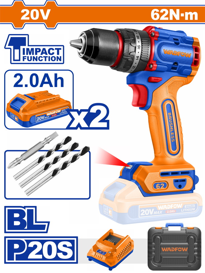 Wadfow WCDP6281E Δραπανοκατσάβιδο Κρουστικό μπαταρίας 20V / 62Nm με 2 μπαταρίες & φορτιστή