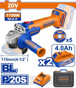 Wadfow WLAPB522E Σετ Γωνιακός Τρόχος Μπαταρίας 115mm Li-ion 20V / 1150W / 4Ah / 2 Μπαταρίες Brushless Motor