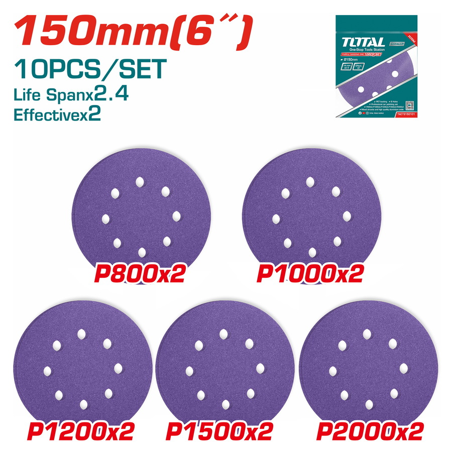 Total TAC73150101 Σετ Φύλλα Λείανσης Έκκεντρου Τριβείου με Τρύπες 150x150mm 10 Τεμάχια Για TAT91501 / TF2041506