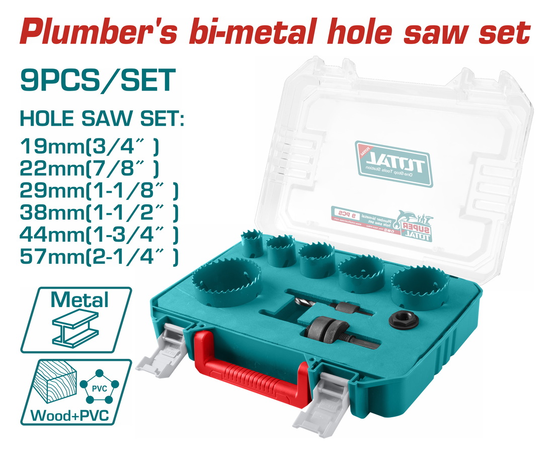 Total TACSH0091 Σετ Ποτηροτρύπανα HSS με Διάμετρο από 19mm έως 57mm για Μέταλλο και Πλαστικό 1100gr Bi-metal 9 Τεμάχια