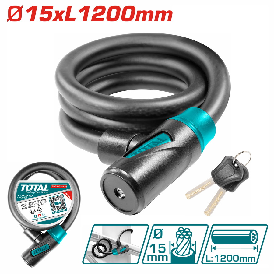 Total TBK11512 Κλειδαριά Ποδηλάτου Κουλούρα με Κλειδί Μαύρη 15Χ1200mm