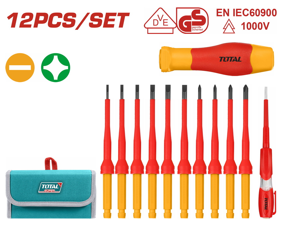 Total THKISD1201 Σετ 12 Κατσαβίδια Ηλεκτρολόγου VDE 1000V Ακριβείας με 12 Εναλλασσόμενες Μύτες