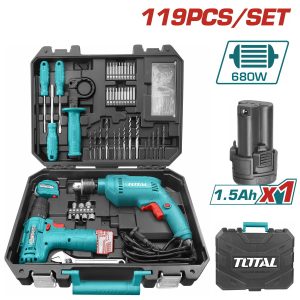 Total THKTHP1192 Σετ Δράπανος Ηλεκτρικός 680W & Δραπανοκατσάβιδο Μπαταρίας Li-ion 12V / 1.5Ah 119 Τεμαχίων