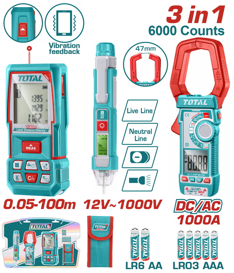 Total TLDD241202 Σετ Μετρητής Απόστασης Laser 100m + Δοκιμαστικό Κατσαβίδι Ψηφιακό + Αμπεροτσιμπίδα