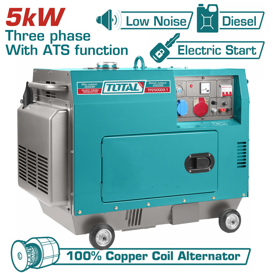 Total TP250003-1 Τριφασική Αθόρυβη Γεννήτρια Πετρελαίου με Αυτόματη Μίζα, Ρόδες και Μέγιστη Ισχύ 5kVA Με Αυτόματο Μεταγωγικό Πίνακα ATS