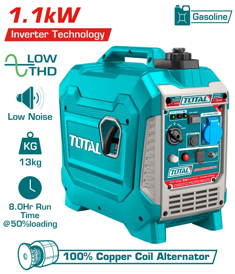 Total TP515006 Αθόρυβη Γεννήτρια Βαλιτσάκι Inverter Βενζίνης Τετράχρονη με Χειροκίνητη Μίζα και Μέγιστη Ισχύ 1.5kVA 1.100W