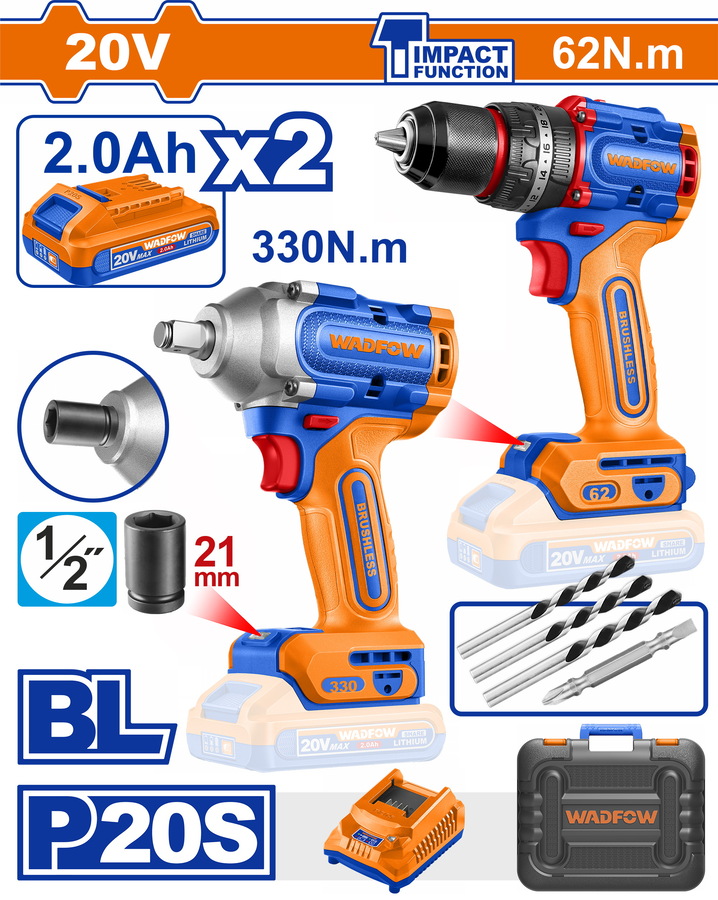 Wadfow WCK20275E Σετ Δραπανοκατσάβιδο Κρουστικό & Μπουλονόκλειδο Μπαταρίας Li-ion 20V / 2Ah / 2 Μπαταρίες