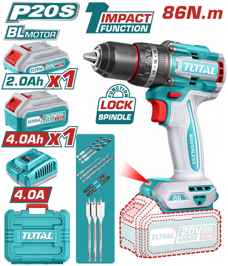 Total TIDLI20868E Κρουστικό Δραπανοκατσάβιδο Μπαταρίας. Li-ion 20V / 2Ah+4Ah / 86Nm / 2 Μπαταρίες Brushless Motor