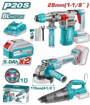 Total TOSLI240785E Σετ Πνευματικός & Γωνιακός Τροχός & Σκουπάκι Μπαταρίας Li-ion 20V / 5Ah / 2 Μπαταρίες