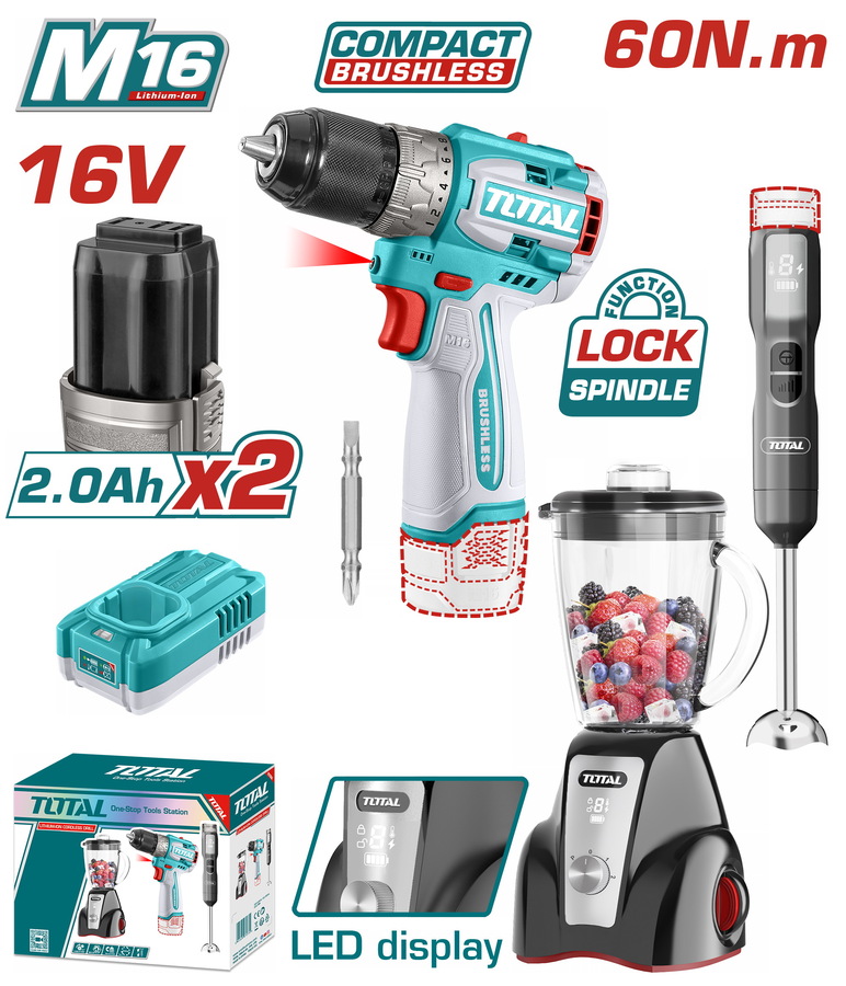 Total TOSLI240868E Σετ Δραπανοκατσάβιδο 60Nm & Blender Χειρός & Blender Βάσης Μπαταρίας Li-ion 16V / 2Ah / 2 Μπαταρίες