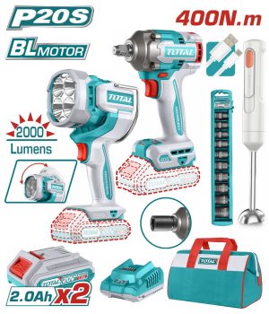 Total TOSLI240961E Σετ Μπουλονόκλειδο & Προβολέας& Μπλέντερ Μπαταρίας Li-ion 20V / 2Ah / 2 Μπαταρίες