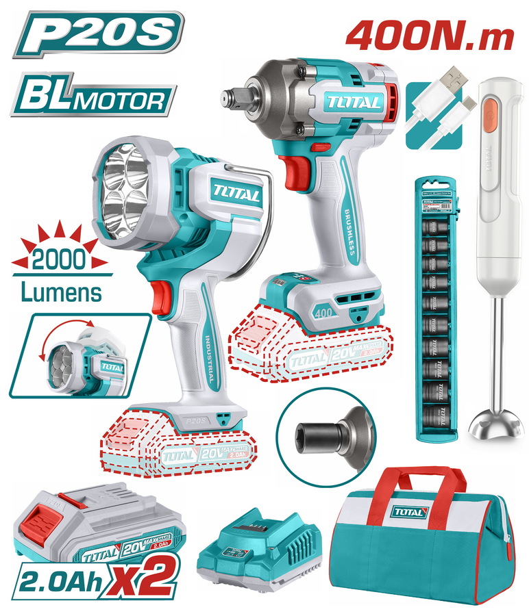 Total TOSLI240961E Σετ Μπουλονόκλειδο & Προβολέας& Μπλέντερ Μπαταρίας Li-ion 20V / 2Ah / 2 Μπαταρίες
