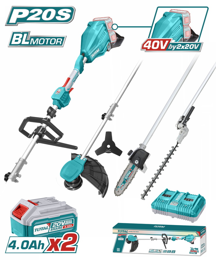 Total TSTLI2040386 Πολυμηχάνημα Κήπου Μπαταρίας 4 σε 1 Li-ion 2X20V(40V) / 4Ah / 2 Μπαταρίες Brushless Motor