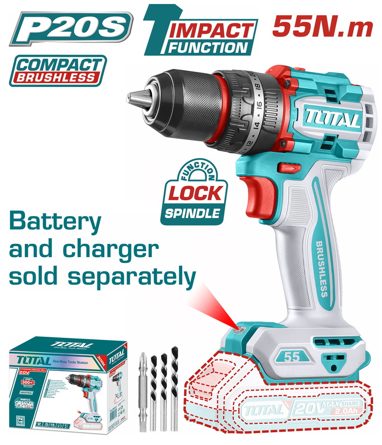 Total TIDLI205581 Κρουστικό Δραπανοκατσάβιδο Μπαταρίας Li-ion 20V / 55Nm Brushless Motor Χωρίς Μπαταρία & Φορτιστή