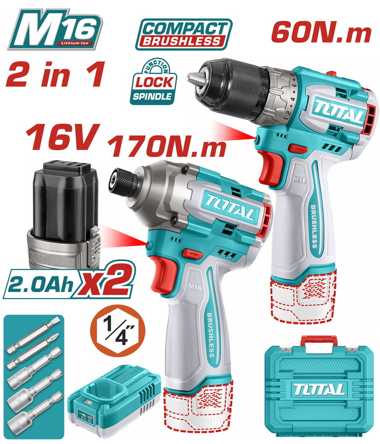Total TOSLI240968 Σετ Δραπανοκατσάβιδο 60Nm & Παλμικό Κατσαβίδι 170Nm Μπαταρίας Li-ion 16V/2Ah/2 Μπαταρίες
