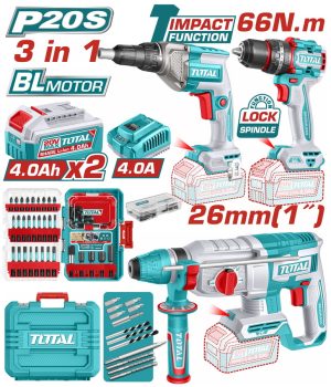 Total TOSLI250591E Σετ Γωνιακός Τροχός, Κρουστικό Δραπανοκατσάβιδο & Πιστολέτο με 2 Μπαταρίες 4Ah και Θήκη Li-ion 20V BrushlessMotor