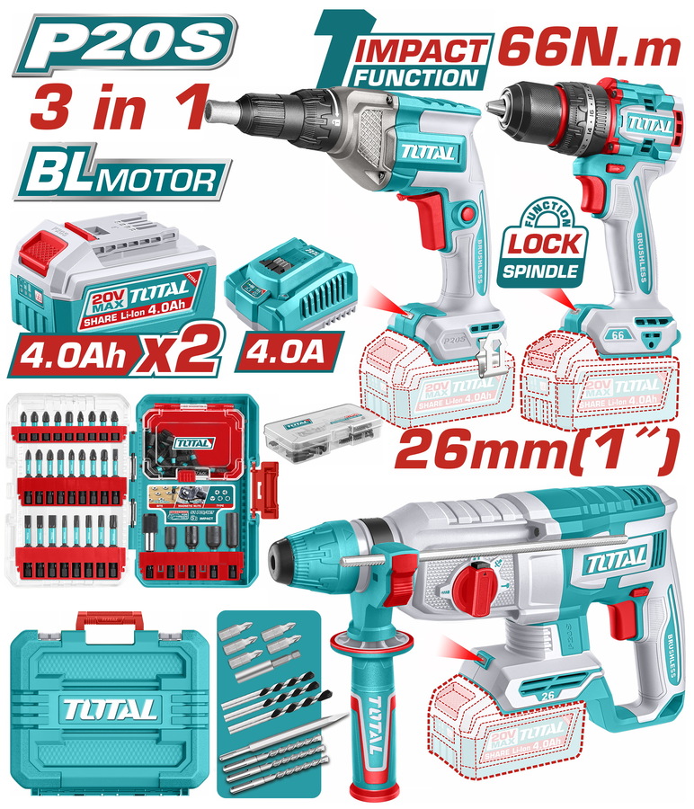 Total TOSLI250591E Σετ Γωνιακός Τροχός, Κρουστικό Δραπανοκατσάβιδο & Πιστολέτο με 2 Μπαταρίες 4Ah και Θήκη Li-ion 20V BrushlessMotor