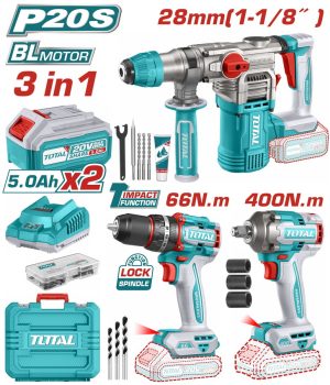 Total TCKLI20638E Σετ Δραπανοκατσάβιδο Κρουστικό & Πνευματικό Πιστολέτο & Μπουλονόκλειδο Μπαταρίας. Li-ion 20V