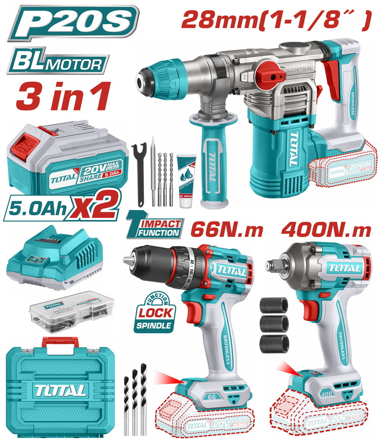 Total TCKLI20638E Σετ Δραπανοκατσάβιδο Κρουστικό & Πνευματικό Πιστολέτο & Μπουλονόκλειδο Μπαταρίας. Li-ion 20V