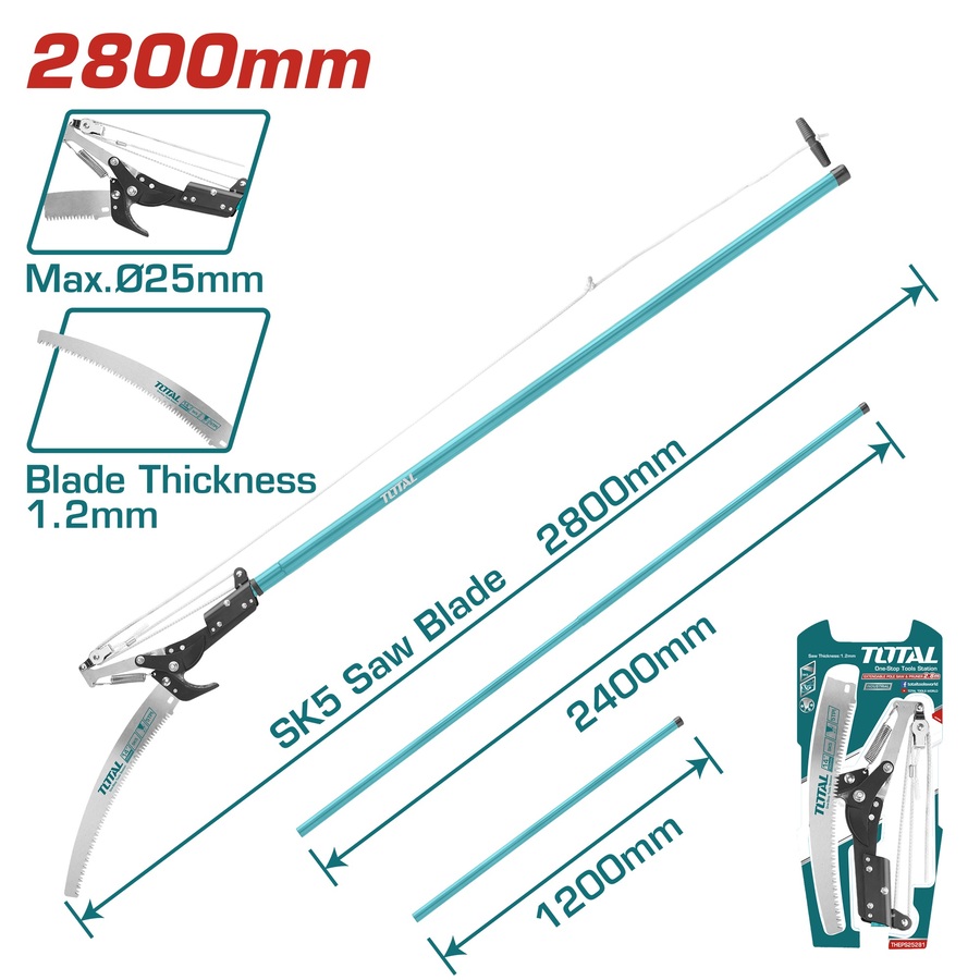 Total THEPS25281 Τηλεσκοπικό Κονταροπρίονο με Ψαλίδι 2.40m και με Άνοιγμα Ψαλιδιού 25mm