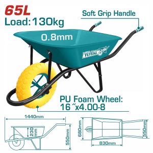 Total THTWB84008PU Εργολαβικό Καρότσι Μεταφοράς για Φορτίο Βάρους 65Lit / 130Kg Με Ρόδα Ανταλλακτική Συμπαγή Πολυουρεθάνης