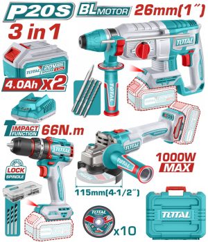 Total TOSLI241198E Σετ Γωνιακός Τροχός & Κρουστικό Δραπανοκατσάβιδο Πιστολέτο Μπαταρίας Li-ion 20V