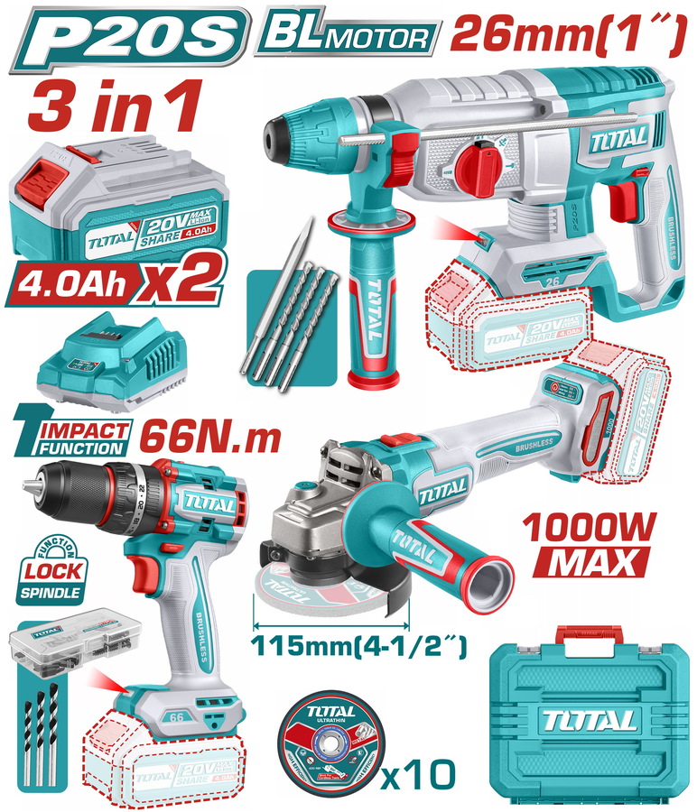 Total TOSLI241198E Σετ Γωνιακός Τροχός & Κρουστικό Δραπανοκατσάβιδο Πιστολέτο Μπαταρίας Li-ion 20V