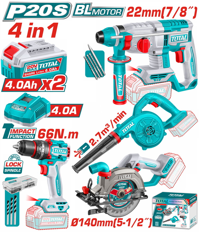 Total TOSLI250695E Σε 4 Τεμάχια Εργαλείων Μπαταρίας Li-ion 20V / 4Ah / 2 Μπαταρίες