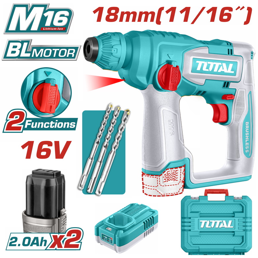 Total TRHLI16168 Πνευματικό Πιστολέτο SDS-PLUS Μπαταρίας Li-ion 16V / 2Ah / 2 Μπαταρίες