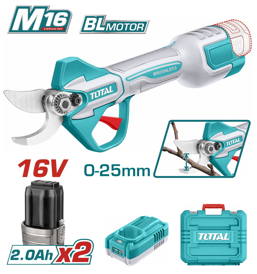 Total TSSLI162582E Ψαλίδι Κλαδέματος Μπαταρίας. Li-ion 16V / 2Ah / 2 Μπαταρίες Brushless Motor
