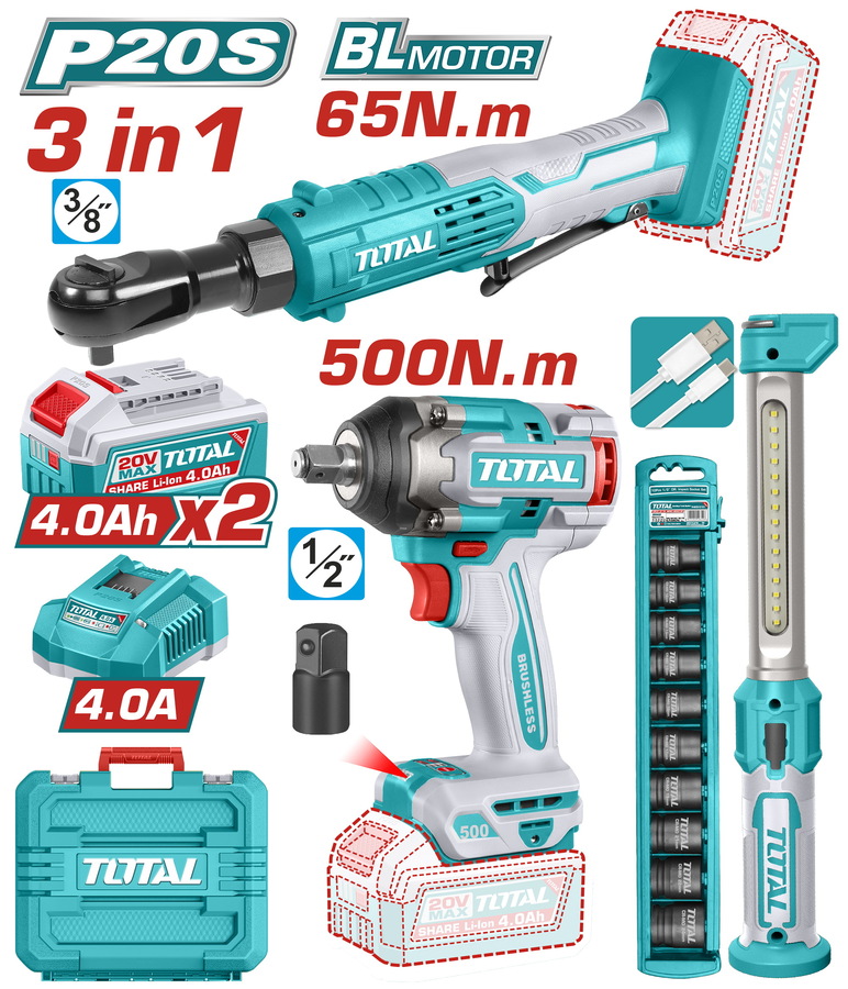 Total TOSLI250981E Σετ Μπουλονόκλειδο & Καστάνια & Λάμπα Συνεργείου Μπαταρίας Li-ion 20V/4Ah/2 Μπαταρίες