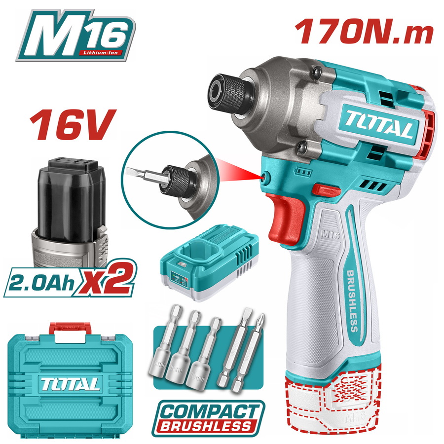 Total TIRLI16178E Παλμικό Κατσαβίδι Μπαταρίας Brushless Li-ion 16V / 2Ah / 170Nm / 2 Μπαταρίες
