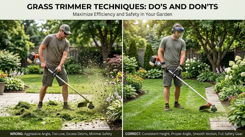 man using a grass trimmer in a green garden, grass flying around, split image showing wrong and correct technique, bright outdoor lighting, realistic photo, blog featured image, space for title text, high detail, professional gardening scene