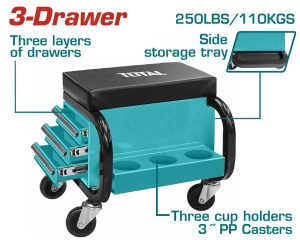 Total THCS103 Εργαλειοθήκη Κάθισμα Με 3 Συρτάρια Και Ρόδες 110Kg