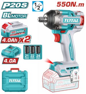 Total TIWLI2055E Μπουλονόκλειδο Μπαταρίας Li-ion 20V / 4Ah / 550Nm / 2 Μπαταρίες Brushless Motor
