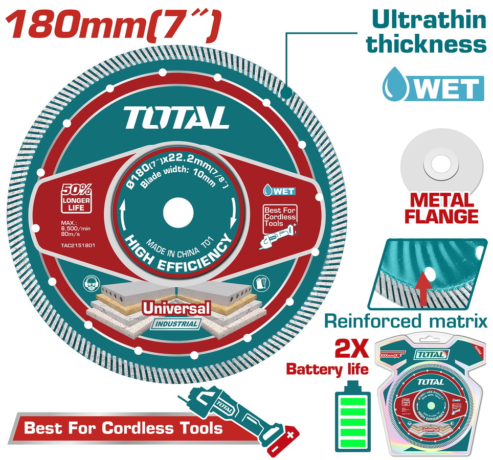 Total TAC2151801 Διαμαντόδισκος Υγρής Κοπής 180 Χ 22.2mm Χ 2.2mm Λεπτός
