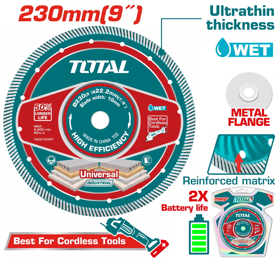 Total TAC2152301 Διαμαντόδισκος Υγρής Κοπής 230 Χ 22.2mm Χ 2.4mm Λεπτός