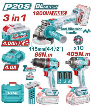 Total TCKLI20358E Σετ Κρουστικό Δραπανοκατσάβιδο & Γωνιακός Τροχός & Μπουλονόκλειδο Μπαταρίας Li-ion 20V